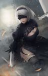  1girl black_blindfold black_dress black_legwear blindfold blurry blurry_background boots breasts cleavage_cutout dress gloves hairband highres holding holding_sword holding_weapon katana knee_boots long_sleeves mole mole_under_mouth nier_(series) nier_automata outdoors puffy_sleeves short_hair silver_hair solo sword thigh-highs weapon yiqing_(yohare) yorha_no._2_type_b 