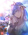  1girl :d bangs blue_eyes breasts dress elbow_rest eyebrows_visible_through_hair fate/grand_order fate_(series) frilled_dress frills hair_between_eyes hair_ribbon hairband head_tilt highres horns hrs_1001 long_hair long_sleeves looking_at_viewer meltryllis open_mouth purple_hair ribbon sitting sleeves_past_fingers sleeves_past_wrists small_breasts smile solo very_long_hair white_dress white_ribbon 