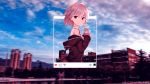  1girl absurdres city clouds cloudy_sky coat highres phone pink_hair red_eyes short_hair sky solo ssss.gridman 