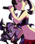  1boy 1girl alternate_costume aqua_eyes black_hair brother_and_sister choker earrings half-closed_eyes holding holding_microphone jacket jewelry looking_at_viewer mary_(pokemon) microphone midriff navel niking pokemon pokemon_(game) pokemon_swsh siblings simple_background sleeveless smile spikes sportswear stomach twintails white_background 