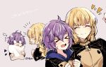  &gt;_&lt; 2girls bernadetta_von_varley blonde_hair closed_eyes closed_mouth fire_emblem fire_emblem:_three_houses garreg_mach_monastery_uniform grey_background holding holding_pillow hood hood_down ingrid_brandl_galatea long_hair long_sleeves multiple_girls naho_(pi988y) open_mouth pillow purple_hair short_hair simple_background smile twitter_username uniform 