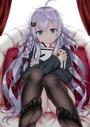  1girl 3: ahoge ansauce ass backlighting black_legwear black_shirt blue_eyes bow braid curtains cushion feet frown hair_between_eyes hair_bow kagura_nana long_hair long_sleeves looking_at_viewer nanakagu_karatou_ch niconico no_shoes panties pillow pillow_hug reclining shirt silver_hair solo thigh-highs underwear very_long_hair virtual_youtuber wavy_hair white_panties 