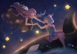  2girls absurdres bare_shoulders black_dress black_legwear blue_dress blue_eyes blue_hair bow collarbone dress floating frilled_skirt frills graykn hair_bow halter_dress halterneck hand_on_another&#039;s_face highres holding_hands jellyfish long_hair looking_at_another multiple_girls night night_sky orca outdoors parted_lips purple_hair quad_tails scenery short_hair sitting sitting_on_animal skirt sky star star_(sky) starry_sky stellated_octahedron strapless strapless_dress thigh-highs very_long_hair vocaloid wide_shot xingchen yellow_bow yellow_eyes 