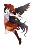  1girl alphes_(style) black_hair black_wings boots brown_footwear commentary_request cowboy_hat dairi eyebrows_visible_through_hair feathered_wings from_side full_body hat highres horse_tail kurokoma_saki legs_up long_hair looking_at_viewer multicolored_shirt open_mouth orange_skirt outstretched_arm parody ponytail red_eyes red_headwear shiny shiny_hair short_sleeves skirt smile solo style_parody tachi-e tail touhou transparent_background very_long_hair white_neckwear wings 