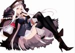  1girl aiguillette arm_support armband ateoyh bangs belt_buckle black_dress black_footwear boots breasts buckle chinese_commentary commentary_request crossed_legs dress finger_to_mouth fur_trim girls_frontline hair_between_eyes hat high_heel_boots high_heels kar98k_(girls_frontline) legs long_hair long_sleeves looking_at_viewer military military_hat military_uniform peaked_cap red_eyes short_dress simple_background sitting solo thigh-highs thigh_boots uniform very_long_hair white_background white_hair wide_sleeves 