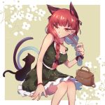  1girl alternate_costume animal_ears bag bangs bare_arms bare_shoulders belt black_cat black_ribbon border braid breasts cat cat_ears cat_tail choker commentary_request dress eyebrows_visible_through_hair feet_out_of_frame green_dress grey_background hair_ribbon kaenbyou_rin kuzuhana long_hair low_twintails medium_breasts multiple_tails nekomata outside_border petticoat pointy_ears red_choker red_eyes redhead ribbon short_dress simple_background sitting spaghetti_strap tail touhou twin_braids twintails two_tails white_belt white_border wristband 