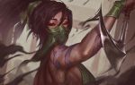  1girl akali arm_tattoo back back_tattoo bare_shoulders black_hair brown_eyes hair_between_eyes holding holding_weapon kama_(weapon) league_of_legends makeup outdoors ponytail sickle simu_(uaec2275) smoke solo tattoo weapon 