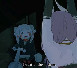  2girls arms_up aura_(sousou_no_frieren) aura_bullying_(meme) black_jacket black_pants bow bowtie chibi cosplay demon_girl demon_horns earrings elf english_text frieren grey_hair higemu highres horns jacket jewelry jigsaw_(character) jigsaw_(character)_(cosplay) meme multiple_girls pants pointy_ears purple_hair red_bow red_bowtie riding_tricycle saw_(movie) sousou_no_frieren tricycle twintails 