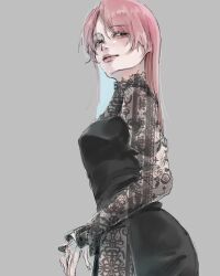  1girl ass black_dress breasts closed_mouth commentary_request cowboy_shot dress from_side grey_background highres lace lace-trimmed_dress lace_sleeves lace_trim light_smile long_hair long_sleeves medium_breasts ninjin_14 original parted_bangs pink_hair side_slit sideways_glance sleeves_past_wrists solo standing 