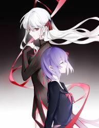  2girls absurdres alternate_hairstyle black_dress closed_eyes dark_sakura dress fate/stay_night fate_(series) gradient_background heaven&#039;s_feel highres long_hair long_sleeves looking_at_viewer matou_sakura medium_hair meltnight multiple_girls multiple_persona red_eyes school_uniform very_long_hair white_hair 