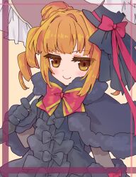  1girl black_capelet black_dress black_gloves black_hat black_sleeves capelet dress drill_hair emil_chronicle_online frilled_dress frills fur_capelet gloves hair_bun hat hat_ribbon highres holding holding_umbrella neck_ribbon orange_hair red_ribbon ribbon solo umbrella umbrella_alma upper_body white_umbrella yellow_background yellow_eyes yusa_yuyu 