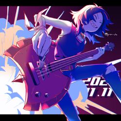  1girl adventure_time bass_guitar black_hair choker closed_eyes commentary_request dated fingernails heart heart_choker holding holding_bass_guitar holding_instrument holding_plectrum instrument marceline_abadeer music nail_polish pants playing_bass_guitar playing_instrument plectrum raya_(uk_0128) sharp_teeth short_hair smile solo tank_top teeth torn_clothes torn_pants v-shaped_eyebrows 