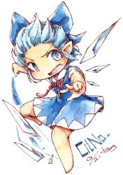  1girl barefoot blue_bow blue_dress blue_eyes blue_hair bow character_name cirno collared_shirt commentary_request dated dress flying hair_bow highres ice ice_wings kibayashi_kimori multiple_hair_bows no_feet one-hour_drawing_challenge open_mouth red_ribbon ribbon shirt short_hair signature simple_background solo tanned_cirno touhou white_background white_shirt wings 