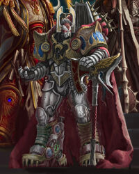  3boys angron armor axe blue_armor butchers_nails club_(weapon) fake_horns grey_armor helmet highres horned_helmet horns kim_chan male_focus multiple_boys power_armor primarch red_armor scroll thousand_sons warhammer_40k weapon word_bearers world_eaters 