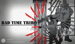  1girl 2others alternate_universe bad_id bad_tumblr_id behind_another blue_eyes bone boots border ccyvling cigarette english_text engrish_text facing_to_the_side gloves grey_background grey_boots grey_gloves grey_hair grey_hoodie grey_pants grey_shorts hand_in_pocket hands_in_pockets holding holding_cigarette holding_knife hood hoodie knife monochrome multiple_others open_clothes open_hoodie orange_eyes ornate_border outstretched_arms pants ranguage red_eyes second-party_source shorts skeleton smoke smoking spot_color storyshift underswap undertale utdr_(toby_fox) watermark wind 