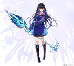  1girl black_hair blue_hair boots commentary_request company_name forcas full_body gloves holding holding_polearm holding_weapon jacket jewelry long_hair looking_at_viewer miniskirt necklace official_art open_mouth phantom_of_the_kill pleated_skirt polearm purple_hair second-party_source shibuhiko skirt solo spear standing straight-on thighs track_jacket violet_eyes weapon 