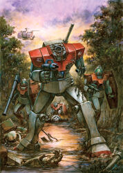  1other assault_visor bazooka_(gundam) commentary_request energy_gun gm_(mobile_suit) green_visor gundam headless heat_hawk highres holding holding_shield holding_weapon mecha mecha_focus mecha_pilot_suit mobile_suit mobile_suit_gundam normal_suit_(gundam) robot science_fiction shield standing tree walking water weapon white_base youkoumori z'gok zaku zaku_ii 