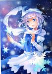 1girl apron arm_up artist_name blue_eyes dated glint gradient gradient_background hat highres letty_whiterock long_sleeves looking_away mosho open_hand open_mouth pastel_(medium) purple_hair scarf short_hair skirt skirt_set sky snowflakes solo star_(sky) starry_sky touhou traditional_media waist_apron watercolor_(medium) 