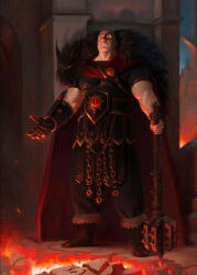  1boy arch architecture bald black_fur boots chain club_(weapon) crack cracked_floor dark_persona evil_smile eyes_of_horus_(warhammer_40k) fire fur_boots gauntlets highres holding holding_club holding_weapon horus_lupercal male_focus oruam pelt pelvic_curtain planted_club primarch single_gauntlet single_vambrace smile solo spiked_club vambraces warhammer_40k weapon wolf_pelt 