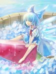  blue_hair cirno edobox fairy food fruit ice in_food minigirl ribbon ribbons short_hair touhou watermelon wings 