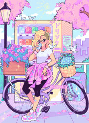  1girl animal_on_shoulder asymmetrical_hair bandaid bandaid_on_arm bandaid_on_leg basket bicycle bird bird_on_shoulder black_pants blonde_hair blue_sky blush braid breasts bush can cherry_blossoms clothes_around_waist clouds collarbone commentary crate day drink drink_can drinking english_commentary english_text eyelashes flower flower_basket full_body green_flower hazemaru highres holding holding_can holding_drink juice_box lamppost leaf long_hair mixed-language_text original outdoors pants pink_flower pink_petals pink_skirt pink_sweater poster_(object) shirt shoes short_sleeves sidecut sidewalk skirt sky solo sparkle standing sun sweatband sweater sweater_around_waist translation_request trash_can tree twitter_username undercut vending_machine white_shirt white_shoes 