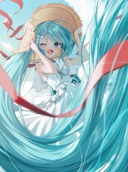  1girl ;d arms_up bare_arms bare_shoulders blue_eyes blue_hair blue_sky blush bow brown_hat clouds commentary_request day dress floating_hair hair_bow hands_on_headwear hat hatsune_miku highres long_hair looking_at_viewer one_eye_closed outdoors pentagon_(railgun_ky1206) red_ribbon ribbon sky sleeveless sleeveless_dress smile solo very_long_hair vocaloid white_bow white_dress 