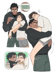  2boys arms_around_neck arrow_(symbol) beard_stubble bed black_hair black_hoodie brown_eyes brown_hair carrying carrying_person closed_mouth commentary cropped_legs dark-skinned_male dark_skin dingnin98201637 facial_hair fang glasses grey_male_underwear hair_slicked_back highres holding holding_thermometer hood hood_down hoodie male_focus male_underwear marvel midriff_peek miguel_o&#039;hara multiple_boys multiple_views peter_b_parker pillow red_eyes sick simple_background spider-man:_across_the_spider-verse spider-man_(series) spider-verse stubble symbol-only_commentary thermometer under_covers underwear white_background 