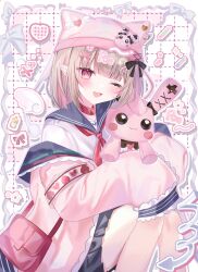  1girl 4ki8_(shikiha0) ;3 ;d alternate_headwear animal_ear_piercing animal_hat armband baby_bottle bag beanie belt_collar black_bow blue_sailor_collar blue_skirt blunt_bangs blush bob_cut bottle bow cat_hat collar colored_inner_hair fang feet_out_of_frame grey_hair grid_background hair_ornament handbag hat hat_bow hat_ornament heart heart_hair_ornament heart_hat_ornament highres holding holding_stuffed_toy jacket knees_up looking_at_viewer makaino_ririmu makaino_ririmu_(4th_costume) medium_hair miniskirt multicolored_hair neckerchief nijisanji off_shoulder one_eye_closed open_clothes open_jacket pink_hair pink_hat pink_jacket pleated_skirt pointy_ears pom_pom_hat_ornament rabbit_hat_ornament red_bag red_collar red_eyes red_neckerchief sailor_collar school_uniform serafuku shirt shoulder_bag sidelocks sitting skin_fang skirt sleeves_past_fingers sleeves_past_wrists smile solo streaked_hair stuffed_animal stuffed_rabbit stuffed_toy text_hair_ornament virtual_youtuber white_background white_shirt wing_hat_ornament x_hair_ornament 