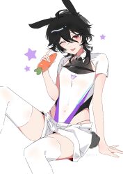  1boy ;p animal_ears bailuan3 black_hair blush bulge carrot ensemble_stars! food hair_between_eyes highleg highleg_leotard highres holding holding_food leotard looking_at_viewer male_focus one_eye_closed rabbit_boy rabbit_ears rabbit_tail red_eyes sakuma_rei_(ensemble_stars!) short_hair short_shorts shorts simple_background sitting smile tail thigh-highs tongue tongue_out trap white_background white_shorts white_thighhighs 