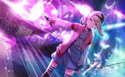  2girls azusawa_kohane backwards_hat belt black_hair black_hat black_thighhighs blonde_hair blue_hair blue_skirt closed_mouth collared_sweater colorful_palette game_cg gradient_hair grey_sweater hat highres holding holding_microphone jacket jewelry letterman_jacket microphone multicolored_hair multiple_girls necklace official_art open_clothes open_jacket pink_jacket project_sekai shiraishi_an skirt smile solo_focus sweater sweater_tucked_in thigh-highs third-party_source triangle twintails white_belt white_hat yellow_eyes 