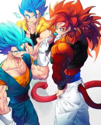  blue_eyes blue_sash closed_mouth dougi dragon_ball dragon_ball_gt dragon_ball_super dragon_ball_super_broly earrings gloves gogeta highres jewelry long_hair male_focus metamoran_vest monkey_boy monkey_tail multiple_boys muscular muscular_male ommmyoh open_mouth pants potara_earrings red_fur saiyan sash spiky_hair super_saiyan super_saiyan_4 super_saiyan_blue tail twitter_username vegetto wristband 