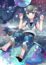  1girl baggy_pants blue_eyes blue_hair blue_pants blue_sailor_collar bright_pupils capri_pants clouds cloudy_sky commentary_request flip-flops geisha-geisha- hairband lana_(pokemon) looking_at_viewer one-piece_swimsuit pants pokemon pokemon_(creature) pokemon_sm popplio revision sailor_collar sandals shirt short_hair sitting sky sleeveless sleeveless_shirt smile swimsuit swimsuit_under_clothes toes 