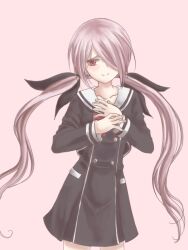  1girl black_dress black_vest blush breasts chaos;child cowboy_shot cropped_jacket dress dress_vest hair_over_one_eye hair_ribbon hekiho_academy_school_uniform long_hair long_sleeves looking_at_viewer low_twintails minamisawa_senri nekoyashiki_08 pink_background pink_hair red_eyes ribbon sailor_collar school_uniform science_adventure simple_background small_breasts smile solo thighs twintails vest white_sailor_collar white_trim 
