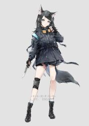  1girl absurdres animal_ear_fluff animal_ears arknights bang_dream! bang_dream!_it&#039;s_mygo!!!!! black_boots black_gloves black_hair black_jacket black_shorts blue_eyes boots chinese_commentary closed_mouth combat_knife commentary_request drinking_straw ensamt fingerless_gloves full_body gloves goggles goggles_around_neck grey_background highres holding holding_juice_box holding_knife holding_weapon jacket juice_box kemonomimi_mode knee_guards knife long_sleeves looking_at_viewer medium_hair rhodes_island_uniform shorts solo standing tail weapon wolf_ears wolf_girl wolf_tail yahata_umiri yahata_umiri_(moonlight_executioner) 