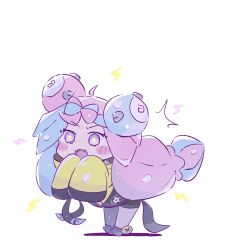  1girl :o blue_hair blush_stickers character_hair_ornament chibi chibi_only fangs foznya full_body hair_ornament highres iono_(pokemon) jacket leaning_forward long_hair long_sleeves multicolored_hair open_mouth pink_hair pokemon pokemon_sv skin_fangs sleeves_past_wrists solo star-shaped_pupils star_(symbol) symbol-shaped_pupils two-tone_hair very_long_hair white_background yellow_jacket 