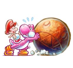  2boys absurdres baby baby_mario brown_hair chomp_rock clenched_teeth closed_eyes diaper harada_masamichi hat highres mario multiple_boys official_art pink_yoshi pushing red_hat short_hair simple_background super_mario_bros. teeth third-party_source transparent_background yoshi yoshi's_new_island 