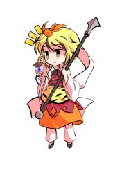  1girl animal_print bishamonten&#039;s_pagoda chibi chibi_only commentary_request dairi full_body hagoromo holding holding_polearm holding_weapon large_variant_set multicolored_hair o-ring orange_skirt pants pants_under_skirt polearm shawl short_hair skirt solo streaked_hair tachi-e tiger_print toramaru_shou touhou transparent_background variant_set weapon white_pants 