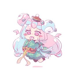  1girl bare_shoulders blue_hair blush blush_stickers bow-shaped_hair candy character_hair_ornament commentary detached_sleeves dress floating food foznya green_dress green_sleeves hair_ornament hat iono_(fall_2024)_(pokemon) iono_(pokemon) jiangshi_costume lollipop lollipop_in_mouth long_hair long_sleeves multicolored_hair official_alternate_costume pink_eyes pink_hair pokemon pokemon_masters_ex single_leg_pantyhose sleeves_past_fingers sleeves_past_wrists split-color_hair sweatdrop symbol-only_commentary two-tone_hair very_long_sleeves wings 