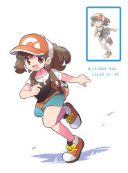  1girl aqua_shorts backpack bag baseball_cap black_shirt brown_eyes brown_hair commentary_request elaine_(pokemon) full_body hashtag-only_commentary hat highres long_hair official_art_inset official_art_redraw open_mouth pokemon pokemon_lgpe ponytail rascal_(feuille) red_hat red_shoes reference_inset shirt shoelaces shoes short_sleeves shorts simple_background smile solo translation_request white_background 
