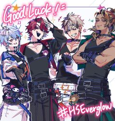  4boys anger_vein arm_up beckoning belt bird black_belt black_choker black_gloves black_jacket black_pants black_shirt black_tank_top blue_collar blue_hair braid brown_hair bubby_(goldbullet) chest_belt choker clenched_hand collar collared_jacket cowboy_shot creature crimzon_ruze cropped_jacket crossed_arms dark-skinned_male dark_skin english_text fingerless_gloves fist_pump gloves goldbullet green_collar grin hashtag heart holoarmis holostars holostars_english holostars_english_idol_uniform idol_clothes jacket jacket_on_shoulders jurard_t_rexford long_hair male_focus multicolored_hair multiple_belts multiple_boys multiple_braids musical_note octavio one_eye_closed outstretched_hand pants partially_fingerless_gloves pectoral_cleavage pectorals ponytail poppet_(octavio) red_collar red_eyes red_hair ruzader_(crimzon_ruze) sasayoru sharp_teeth shirt short_hair sleeveless sleeveless_shirt smile sorawrity_(jurard_t_rexford) tank_top teeth toned toned_male tri_braids two-tone_hair v-neck virtual_youtuber white_belt white_jacket white_pants 