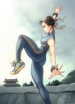  brown_eyes brown_hair chun-li double_vertical_stripe omar_dogan shoes sneakers spandex street_fighter street_fighter_alpha street_fighter_zero unitard 