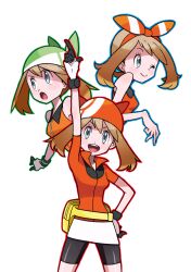  3girls :d :o ;) arm_up bandana bare_shoulders bike_shorts black_gloves black_shorts bow bow_hairband brown_hair closed_mouth dress eyelashes fanny_pack gloves green_bandana grey_eyes hair_bow hairband hand_on_own_hip kisama_(0213) looking_at_viewer may_(pokemon) multiple_girls multiple_persona one_eye_closed open_mouth orange_dress pointing pointing_up pokemon pokemon_emerald pokemon_oras pokemon_rse red_bandana red_bow red_hairband red_shirt shirt short_hair short_sleeves shorts sleeveless sleeveless_shirt smile teeth two-tone_gloves upper_teeth_only white_background white_gloves 