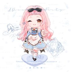  1girl ace_(playing_card) ace_of_clubs ace_of_diamonds ace_of_hearts ace_of_spades alice&#039;s_adventures_in_wonderland alice&#039;s_teaspoon_(shining_nikki) alice_(alice_in_wonderland) alice_(alice_in_wonderland)_(cosplay) apron artist_request back_bow badge bangs_pinned_back black_bow black_ribbon black_shoes blue_dress blush_stickers bow brown_eyes buttons card chibi chinese_commentary club_(shape) collared_dress commentary_request commission cosplay diamond_(shape) diamond_button dress eyelashes footwear_bow forehead frilled_apron frilled_dress frilled_socks frills hair_bow hand_on_lap happy heart heart_in_eye highres kneehighs lolita_fashion long_hair long_sleeves mary_janes medium_dress neck_ribbon nikki_(nikki) nikki_(series) one_eye_closed open_mouth pink_hair playing_card playing_card_print puffy_long_sleeves puffy_sleeves ribbon ribbon-trimmed_socks ribbon_trim second-party_source shining_nikki shoes simple_background smile socks solo spade_(shape) standing straight-on symbol_in_eye teeth upper_teeth_only wavy_hair white_apron white_background white_socks 