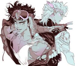  2boys alternate_costume aviator_cap battle_tendency birthmark bullet caesar_anthonio_zeppeli facial_mark feather_hair_ornament feathers fingerless_gloves fingernails gloves goggles goggles_on_headwear hair_ornament headband highres jacket joestar_birthmark jojo_no_kimyou_na_bouken joseph_joestar joseph_joestar_(young) male_focus mgong520 monochrome multiple_boys muted_color off_shoulder partially_colored pointing scratches shirt simple_background smile tank_top triangle_print turtleneck turtleneck_shirt white_background 
