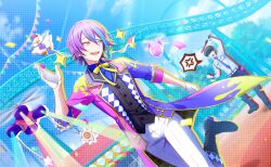  2boys anger_vein baton_(weapon) belt bird black_boots black_hair black_hat black_pants black_shoes black_vest blue_hair blue_necktie blue_shirt blue_sky boots chicken clouds collared_shirt colorful_palette ear_piercing game_cg gloves hat heart highres holding_baton jacket kamishiro_rui leg_up male_focus multicolored_hair multicolored_jacket multiple_boys necktie official_art open_mouth pants piercing project_sekai purple_hair purple_jacket roller_coaster shirt shoes short_hair sky spoken_anger_vein standing star_(symbol) streaked_hair teeth third-party_source tongue two-tone_hair upper_teeth_only vest weapon white_belt white_gloves yellow_eyes 