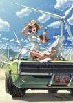  brown_hair canada car cloud clouds crossed_legs dodge_charger hat highres indian_style long_hair motor_vehicle mountain omar_dogan open_mouth ponytail sandals signature sitting sitting_on_car sky smile solo vehicle wind_turbine windmill wink 