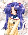  cherry_blossoms clannad hair_bobbles hair_ornament ichinose_kotomi lowres school_uniform twintails 