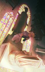  2boys angel battle_tendency belt black_gloves blonde_hair blue_shirt boots caesar_anthonio_zeppeli catneylang chandelier church closed_eyes closed_mouth english_commentary facial_mark feather_hair_ornament feathers fingerless_gloves fountain gloves hair_ornament headband highres indoors jojo_no_kimyou_na_bouken joseph_joestar joseph_joestar_(young) knee_pads kneeling male_focus messy_hair multiple_boys pants pillar pink_belt purple_headband shadow shirt short_hair short_sleeves stained_glass statue triangle_print white_pants 