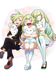  1boy 2girls bare_shoulders black_jacket black_pants blonde_hair closed_eyes closed_mouth dress gladion_(pokemon) green_eyes hair_over_one_eye highres holding holding_pokemon jacket lillie_(pokemon) long_hair lusamine_(pokemon) maushold mother_and_daughter mother_and_son multiple_girls pants pokemon pokemon_(creature) pokemon_sm rubille_(wmpt2737) short_hair sleeveless sleeveless_dress smile teeth upper_teeth_only white_dress white_pants 