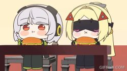 akaoni_(zumt3548) anby_demara animated_gif burger eating hamburger long_hair multiple_girls short_hair trigger_(zenless_zone_zero) visor zenless_zone_zero 